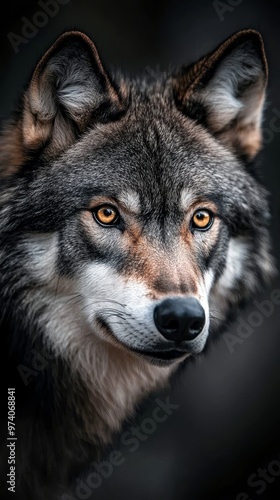  A tight shot of a wolf's intense face, its yellow eyes piercing the frame