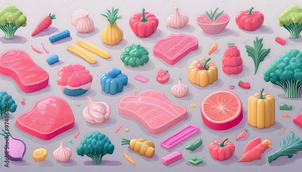 3D illustrations of meat, vegetables, bell peppers, tomatoes, onions, garlic and herbs in cute low polygon shapes in pastel colors. 3D illustrations of meat, vegetables, bell peppers, tomatoes, onions, garlic and herbs in cute low polygon shapes in pastel colors.