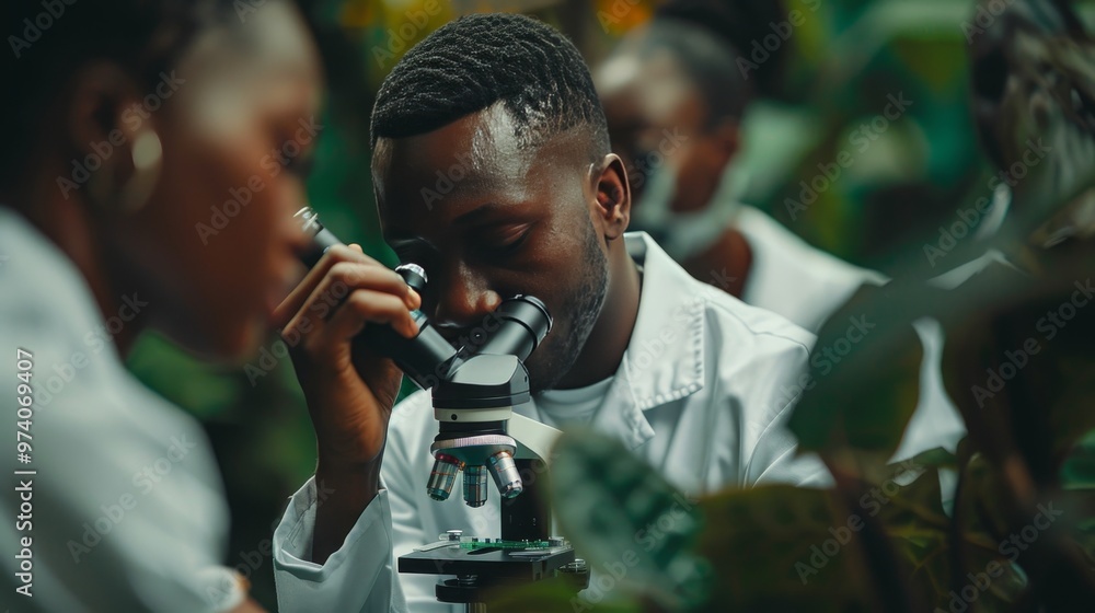 Team of biologists examining plant genetics in a lush green laboratory environment Team of biologists examining plant genetics in a lush green laboratory environment
