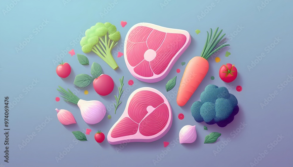 3D illustrations of meat, vegetables, bell peppers, tomatoes, onions, garlic and herbs in cute low polygon shapes in pastel colors. 3D illustrations of meat, vegetables, bell peppers, tomatoes, onions, garlic and herbs in cute low polygon shapes in pastel colors.