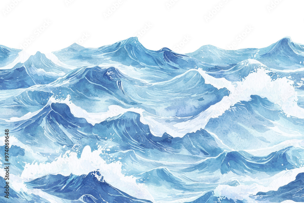 Fototapeta premium Watercolor painting of a turbulent ocean featuring detailed waves in varying shades of blue, capturing the dynamic movement and energy of the sea.
