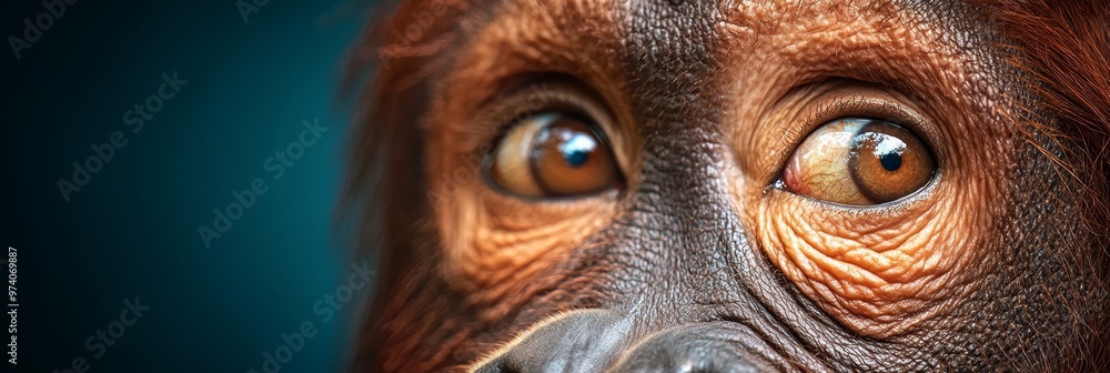 A tight shot of an orangutan's expressive face, eyes gazing directly ahead with wide intensity A tight shot of an orangutan's expressive face, eyes gazing directly ahead with wide intensity