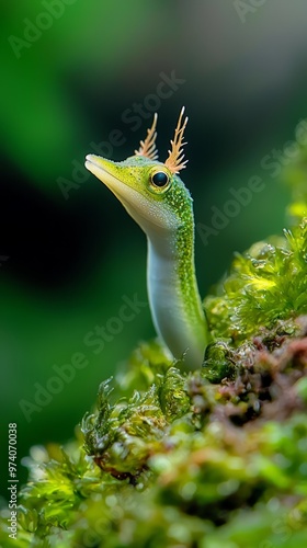  A tight shot of a plant bearing a lizard on its leafy expanse Background mildly out of focus