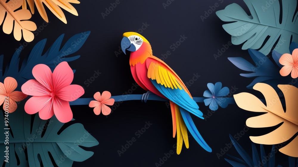 Fototapeta premium Whimsical illustration of a colorful parrot perched on a tropical branch, showcasing vibrant feathers and intricate floral patterns.