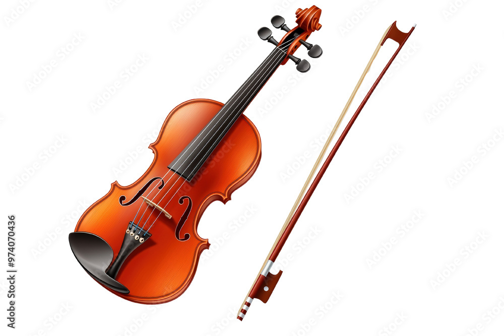 Fototapeta premium Beautifully crafted violin and bow set on a clean white background, revealing the polished wood and exquisite craftsmanship. Perfect for performing classical music. Isolated transparent background.