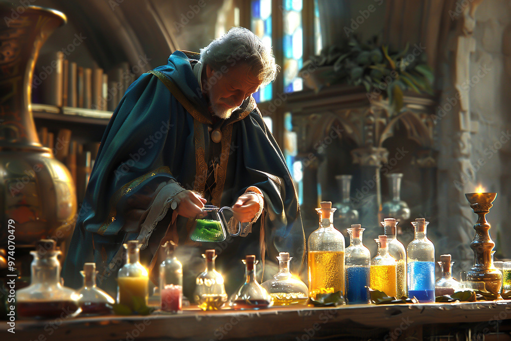 The aged alchemist carefully mixes his potions, hoping to create something truly magical. The aged alchemist carefully mixes his potions, hoping to create something truly magical.