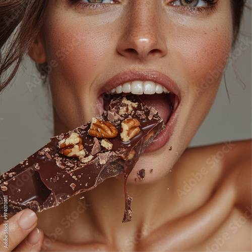 someone putting a single large chunk of indulgent chocolate into their mouth. The chocolate piece has some caramel inside. a smile on their face photo