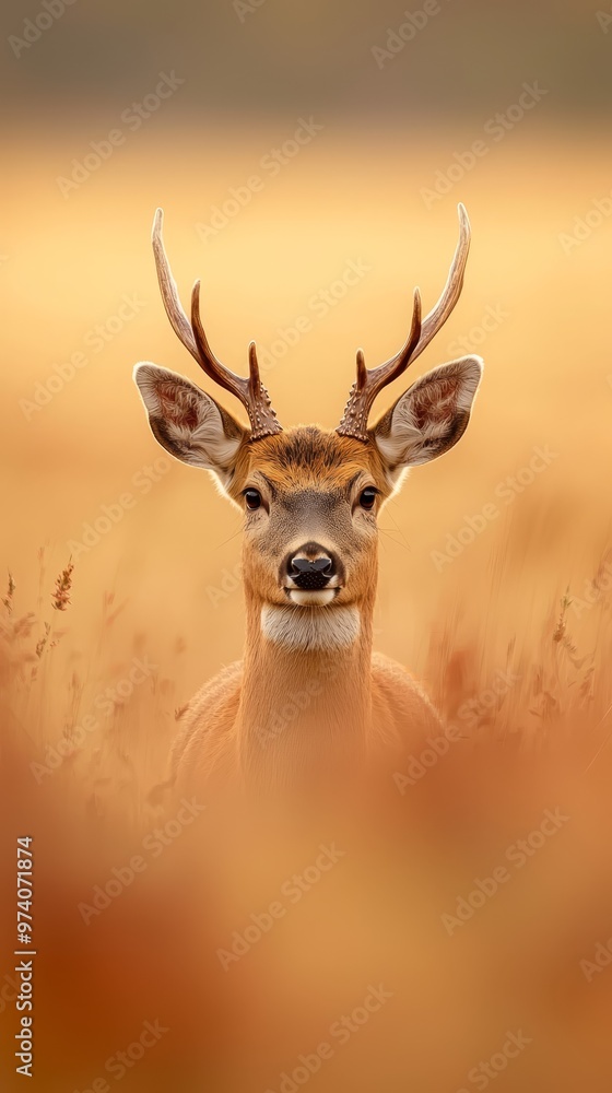 A deer with antlers, its face filling the frame, against a backdrop of lush grass in the background A deer with antlers, its face filling the frame, against a backdrop of lush grass in the background