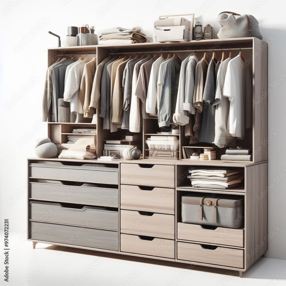 A wooden wardrobe with drawers and shelves for clothing and storage, perfect for home or office interiors, featuring a stylish design that complements any room or store layout A wooden wardrobe with drawers and shelves for clothing and storage, perfect for home or office interiors, featuring a stylish design that complements any room or store layout