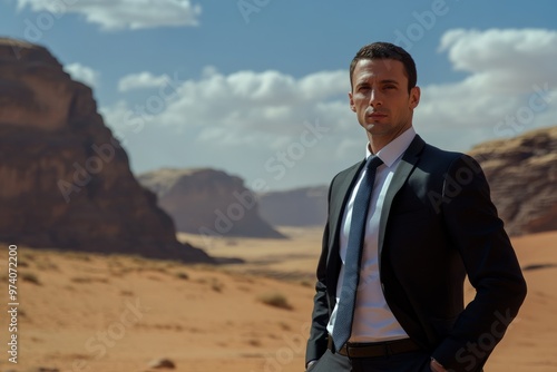 Businessman in a suit posing in a desert with mountains in the distance