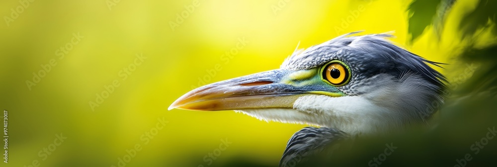 A tight shot of a yellow-eyed bird's head in the foreground A bird's head with bright yellow eyes is prominently featured in the image A tight shot of a yellow-eyed bird's head in the foreground A bird's head with bright yellow eyes is prominently featured in the image