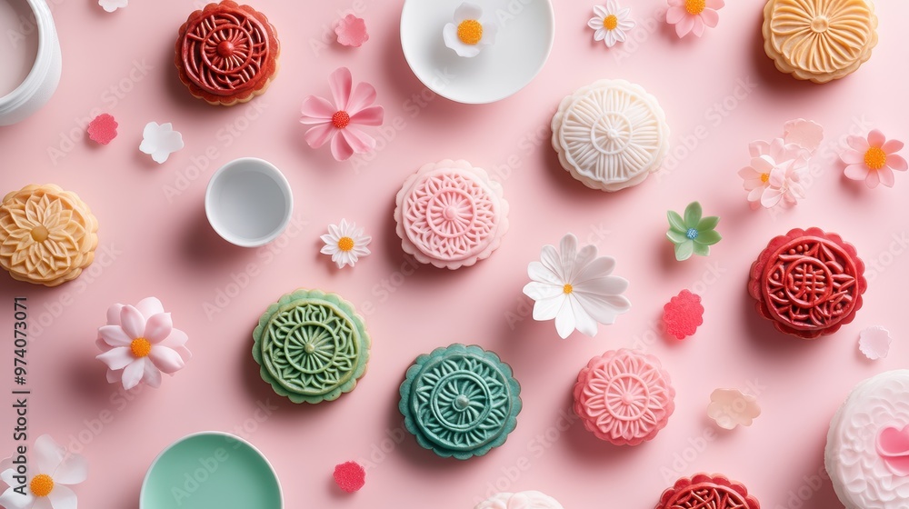 A table laden with various mooncakes, each with unique fillings and designs, symbolizing the Moon Festival. A table laden with various mooncakes, each with unique fillings and designs, symbolizing the Moon Festival.