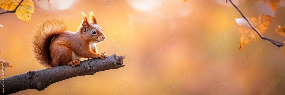 A squirrel atop a tree branch, surrounded by yellow and red fall leaves A squirrel atop a tree branch, surrounded by yellow and red fall leaves