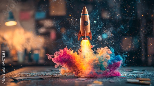 A wooden rocket launches with colorful smoke and sparks, blending whimsical design with explosive energy. photo