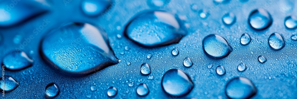 A tight shot of water droplets on a blue surface, reflecting their light images A tight shot of water droplets on a blue surface, reflecting their light images