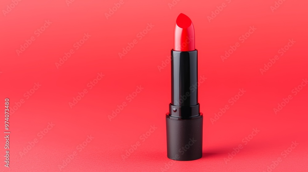 Bold red lipstick in black tube standing upright on bright red background, makeup and beauty product Bold red lipstick in black tube standing upright on bright red background, makeup and beauty product