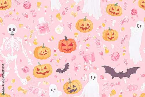 Halloween skeleton and ghost seamless background