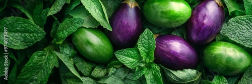  A mound of green and purple eggplants surrounded by leafy green eggplant leaves and mint leaves