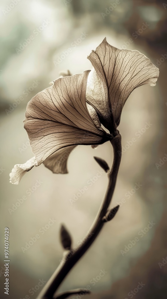 A tight shot of a flower on its stem against a blurred backdrop of a sky, with a tranquil body of water in the distance A tight shot of a flower on its stem against a blurred backdrop of a sky, with a tranquil body of water in the distance