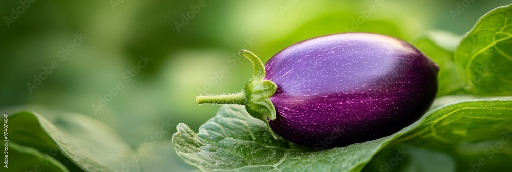 A purple eggplant, closely framed, hangs from a green leafy branch Water droplets gracefully adorn its surface A purple eggplant, closely framed, hangs from a green leafy branch Water droplets gracefully adorn its surface