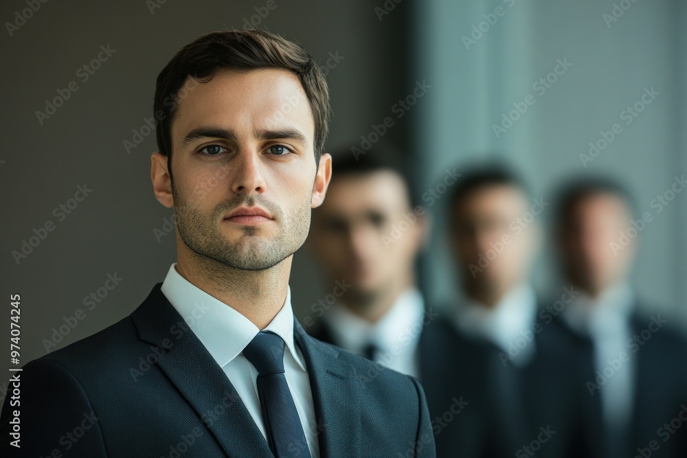 Serious businessman standing with team in the background Serious businessman standing with team in the background
