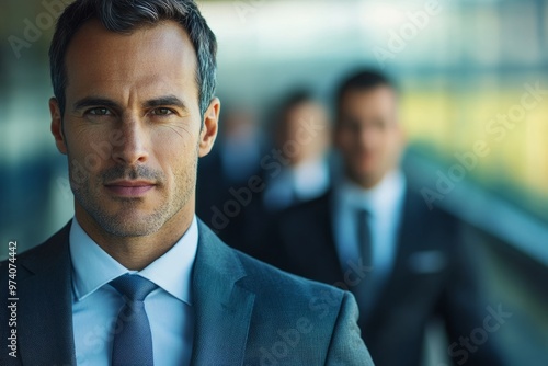 Confident businessman standing in front of blurred colleagues