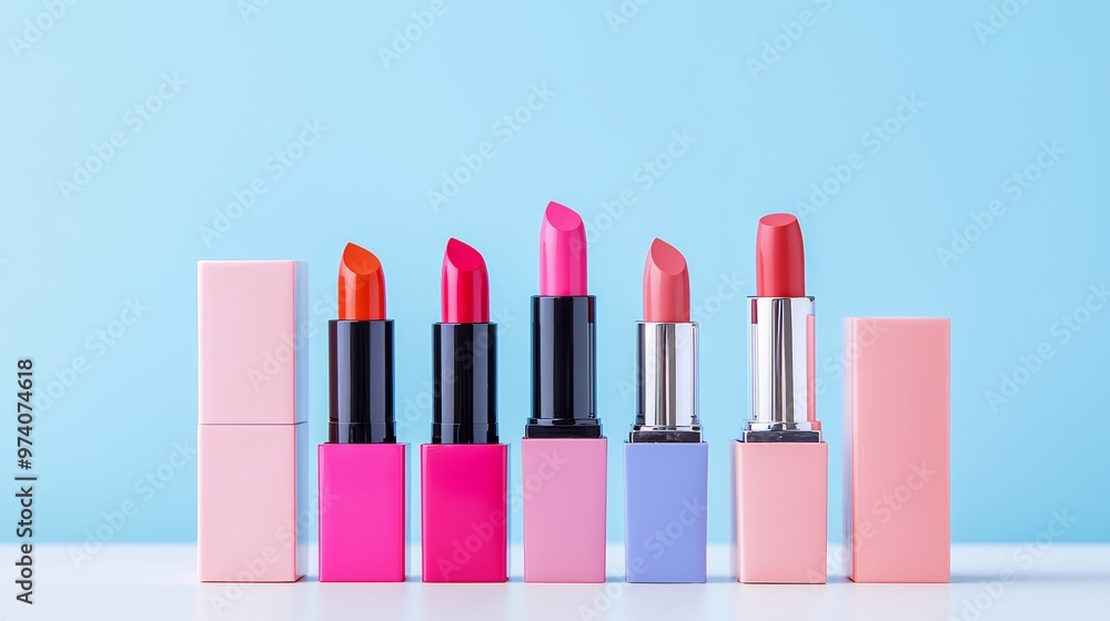 Collection of colorful lipsticks standing in a row against blue background, makeup and beauty essentials Collection of colorful lipsticks standing in a row against blue background, makeup and beauty essentials