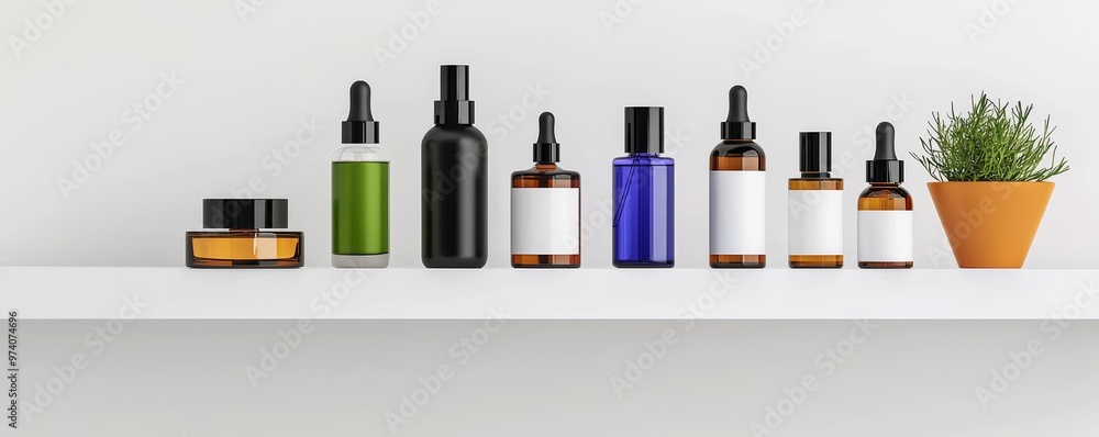 Collection of essential oils and serums on a white shelf with a potted plant. Skincare products for natural beauty routines. Collection of essential oils and serums on a white shelf with a potted plant. Skincare products for natural beauty routines.