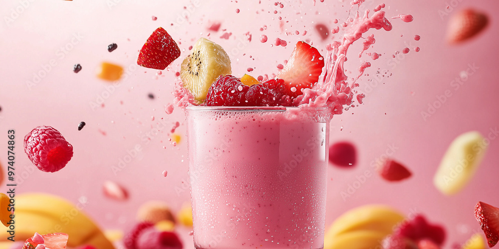 Ein Glas Smoothie und saftige Früchte fliegen hinein. Frische Sport Obst Ein Glas Smoothie und saftige Früchte fliegen hinein. Frische Sport Obst