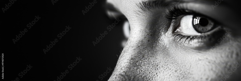 Naklejka premium A tight shot of an eye, mirroring the visage of another person behind the reflective surface