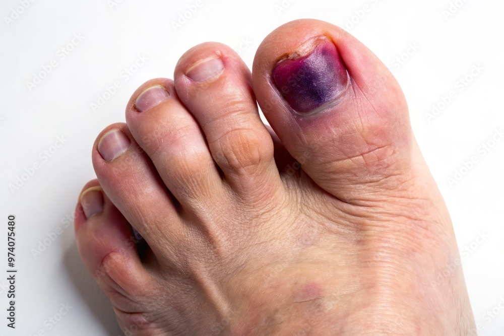 © Arnada - Close-up of a painful swollen toe with a noticeable fracture, bent at an awkward angle, surrounded by purple