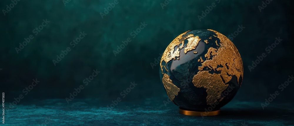 Fototapeta premium Stylish globe sitting on a table, showcasing vibrant earth tones against a dark teal background, perfect for educational themes.
