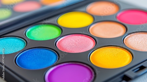 Colorful watercolor paint set in a black palette, ready for creative artwork and painting.