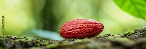  A red ball, focused closely, rests atop a mossy texture A green leaf lies near, providing contrast against the backdrop of an ambiguously blurred background photo