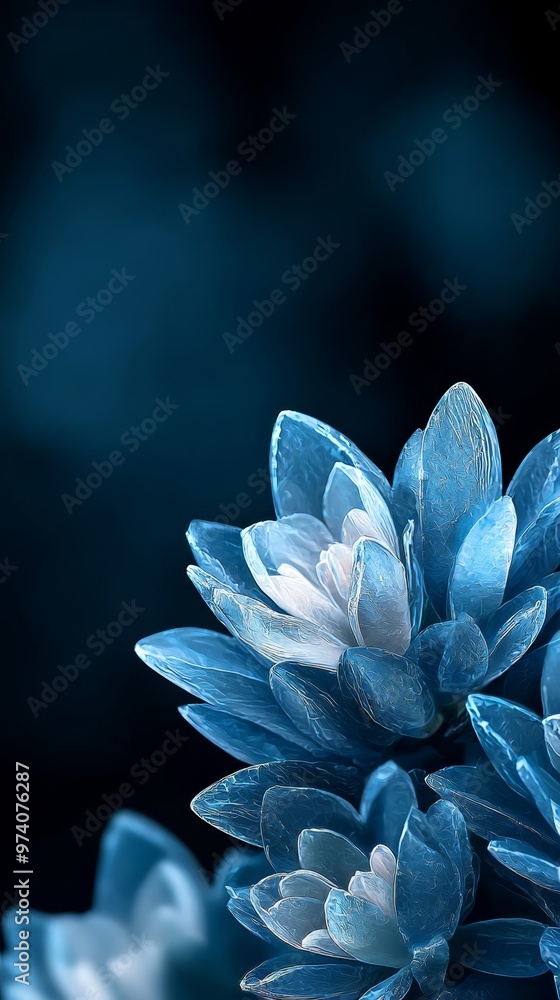  A blue flower, focused closely, against a black backdrop Background features a blurred image of a flower