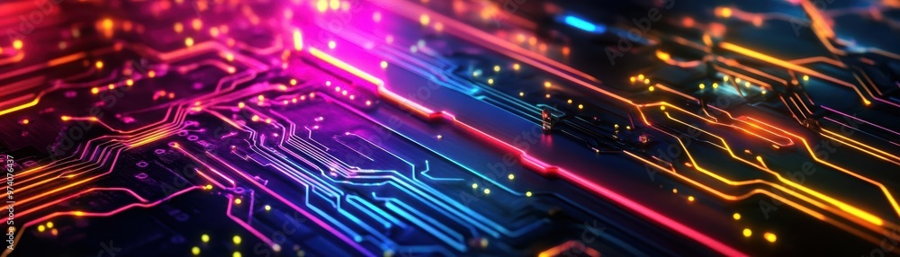 Vibrant circuit board design with glowing lines and colorful lights, representing technology and digital innovation. Vibrant circuit board design with glowing lines and colorful lights, representing technology and digital innovation.