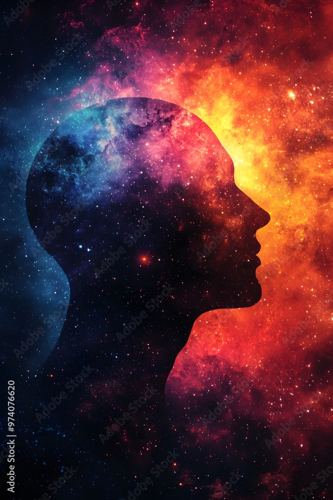 A silhouette filled with a galaxy symbolizing the universe , double exposure A silhouette filled with a galaxy symbolizing the universe , double exposure