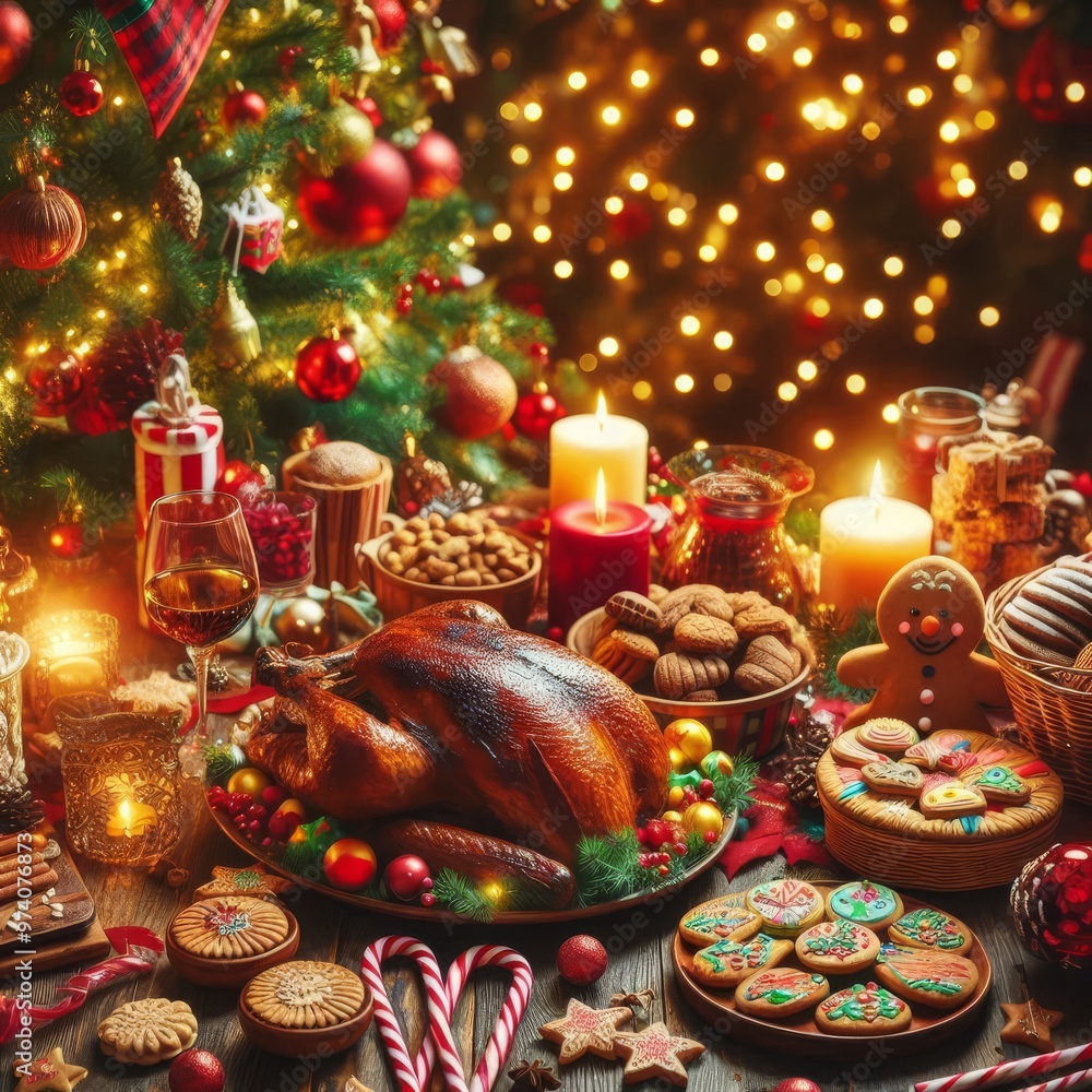 Fototapeta premium Christmas Festive Food and Decorations 