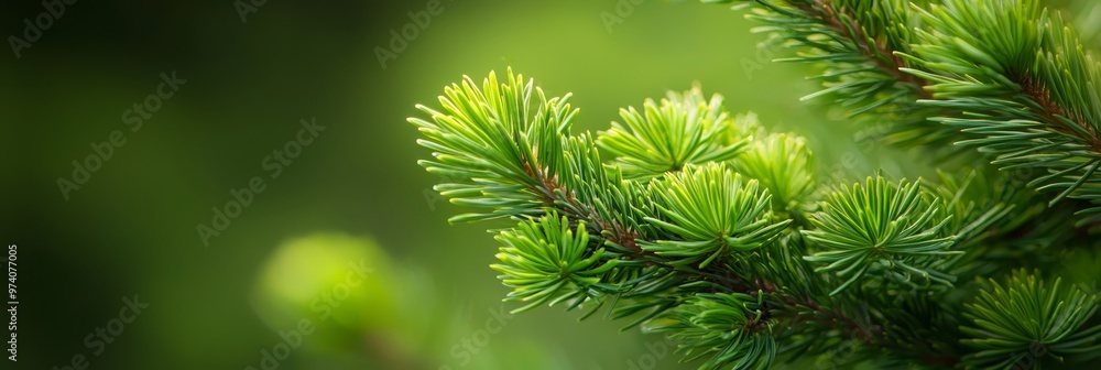 A pine tree branch with a blurred backdrop of green leaves A pine tree branch with a blurred backdrop of green leaves