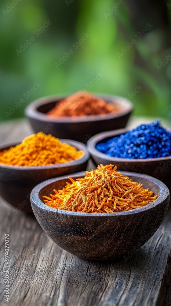 Three bowls, each holding colored powders of distinct types, sit atop a wooden table Three bowls, each holding colored powders of distinct types, sit atop a wooden table