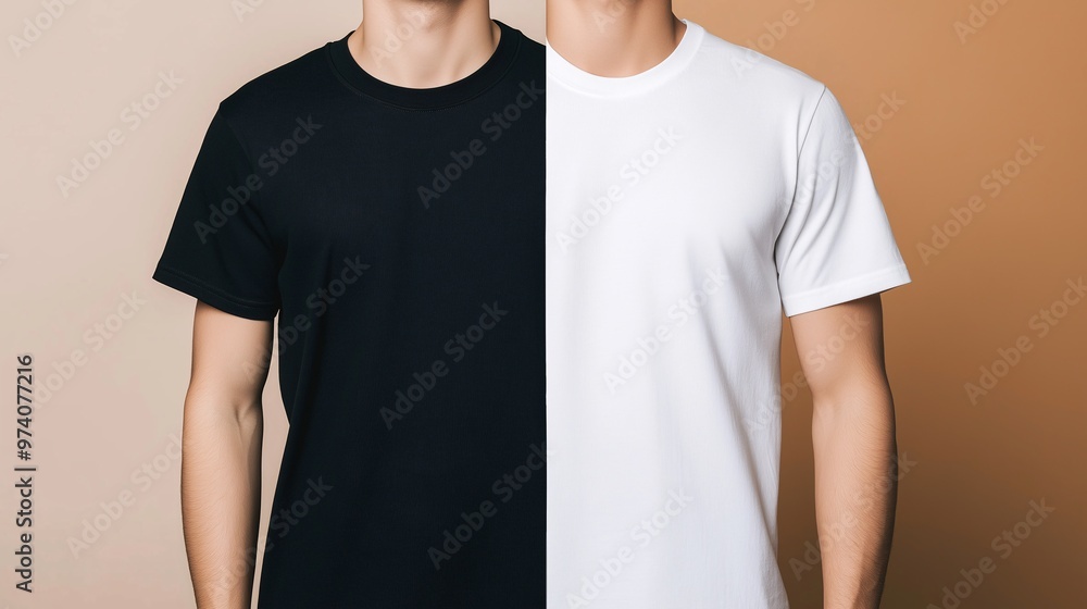 The Duality of Style: Two men, mirroring each other's stance, showcase the stark contrast and timeless appeal of a classic black and white t-shirt. The Duality of Style: Two men, mirroring each other's stance, showcase the stark contrast and timeless appeal of a classic black and white t-shirt.