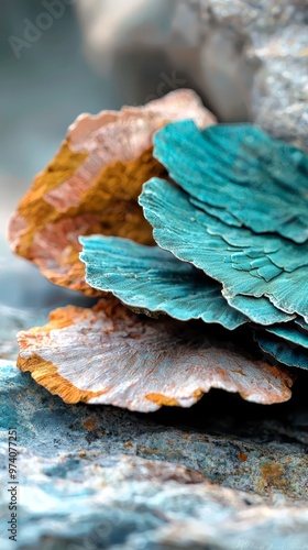  A tight shot of a blue-orange coral fragment against a rock backdrop, surrounded by additional corals