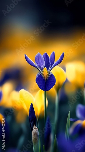  A tight shot of a blue-yellow bloom against blurred foreground flowers, hues harmonizing photo