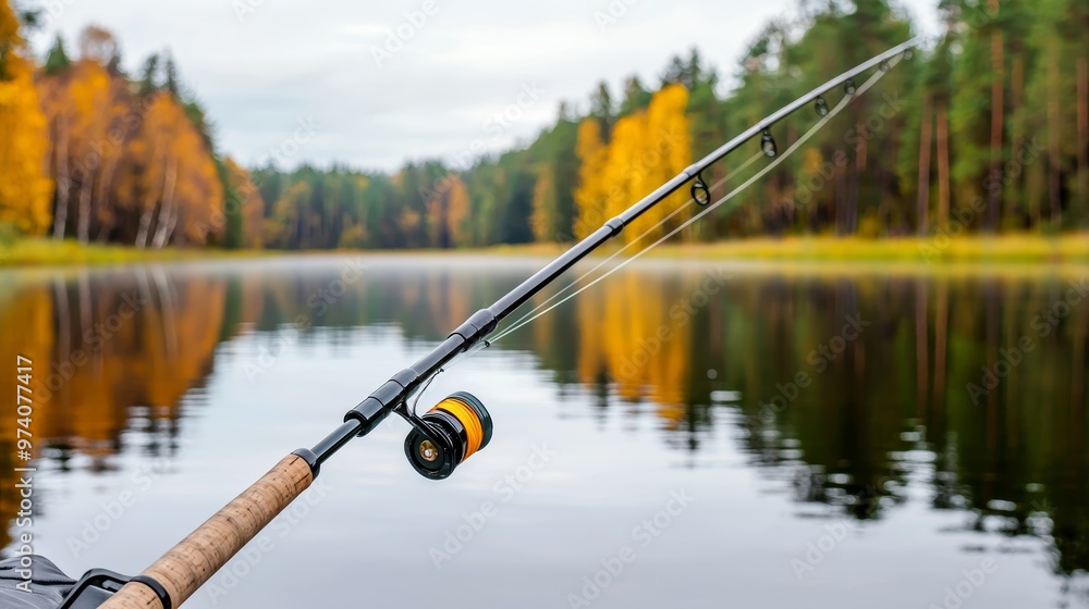 Fishing rod with reel at lakeside, autumn landscape reflecting on calm water. Outdoor activity and relaxation concept. Fishing rod with reel at lakeside, autumn landscape reflecting on calm water. Outdoor activity and relaxation concept.