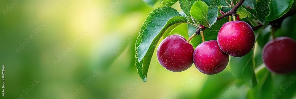 A tight shot of a tree laden with fruit on its branches, adorned with leaves, against a hazy backdrop A tight shot of a tree laden with fruit on its branches, adorned with leaves, against a hazy backdrop