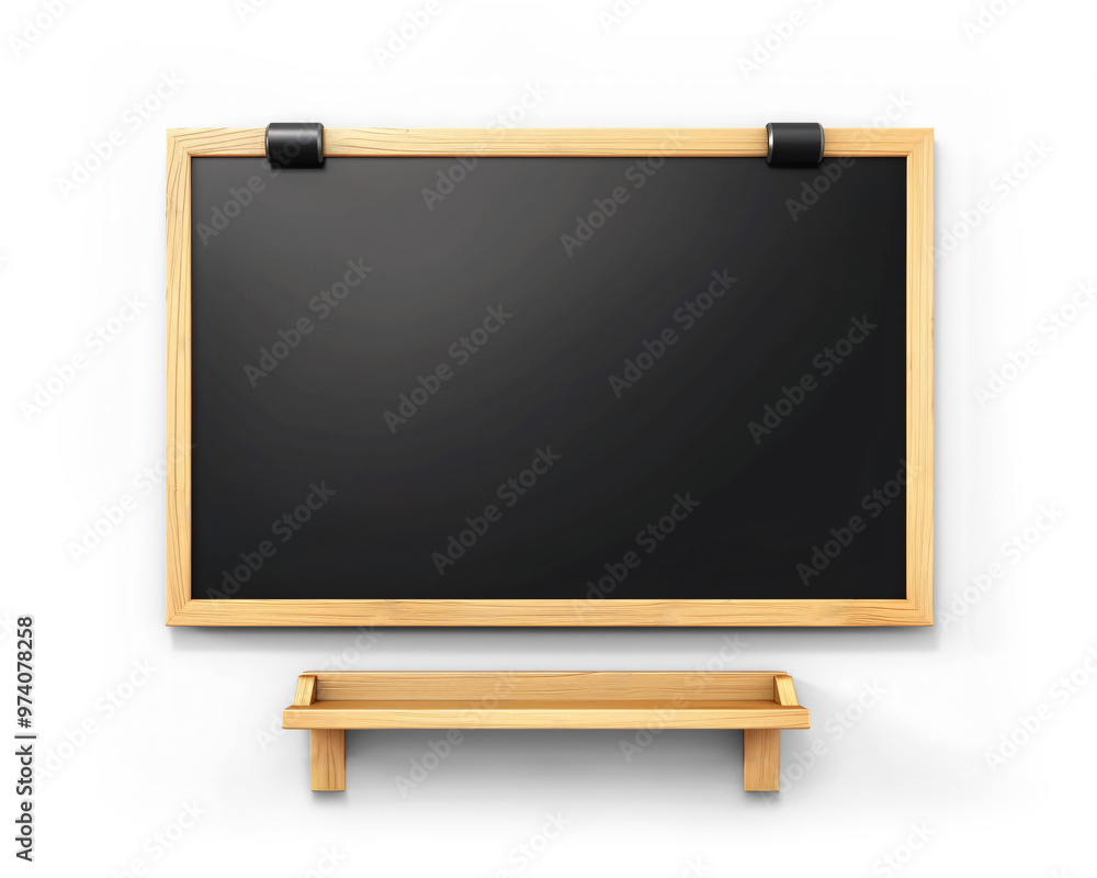 Obraz premium Blank chalkboard with wooden frame and shelf. Isolated PNG with shadows