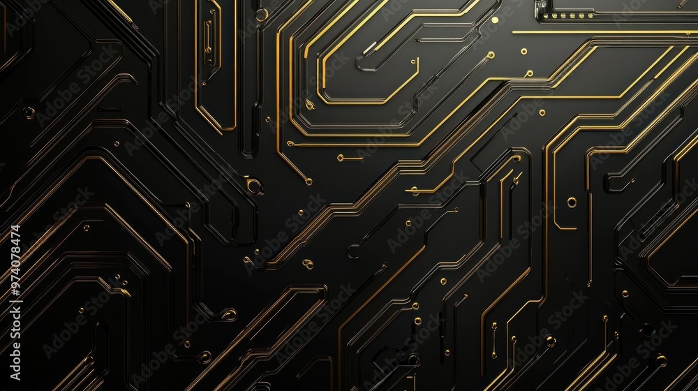 Abstract black and gold circuit board design, showcasing intricate lines and patterns, perfect for technology or digital art projects. Abstract black and gold circuit board design, showcasing intricate lines and patterns, perfect for technology or digital art projects.