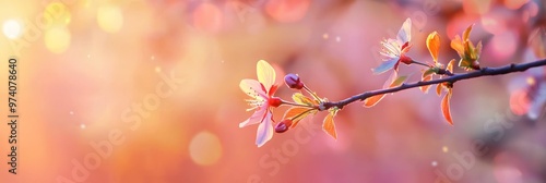  A flower in focus on a tree branch against blurred sunlight-bathed leaves and background