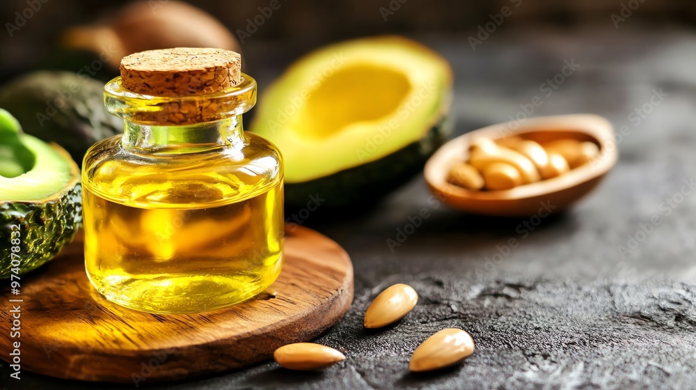 Fresh avocado oil in a glass bottle with whole and halved avocados. Healthy natural product on dark background. Fresh avocado oil in a glass bottle with whole and halved avocados. Healthy natural product on dark background.