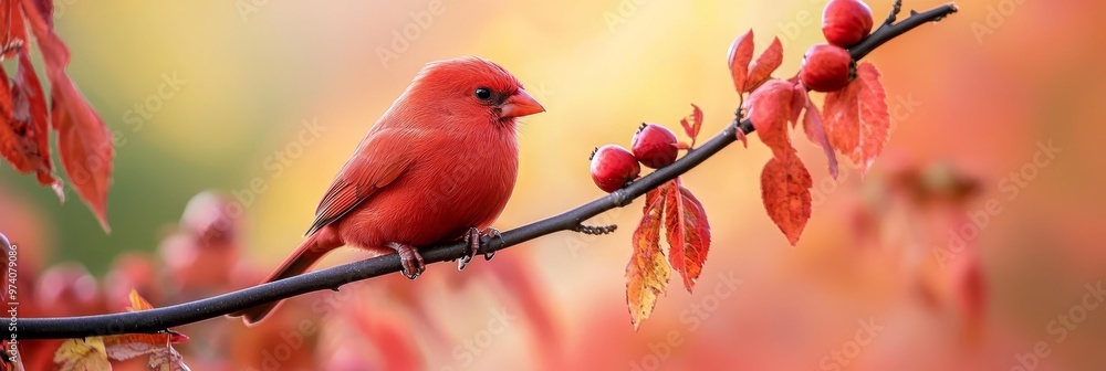 A red bird perches on a tree branch, adjacent to another laden with red leaves and ripe berries A red bird perches on a tree branch, adjacent to another laden with red leaves and ripe berries